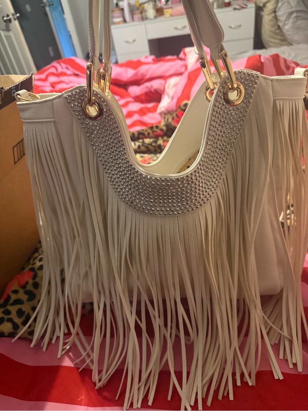 White Fringe Tote Bag with Rhinestone Trim